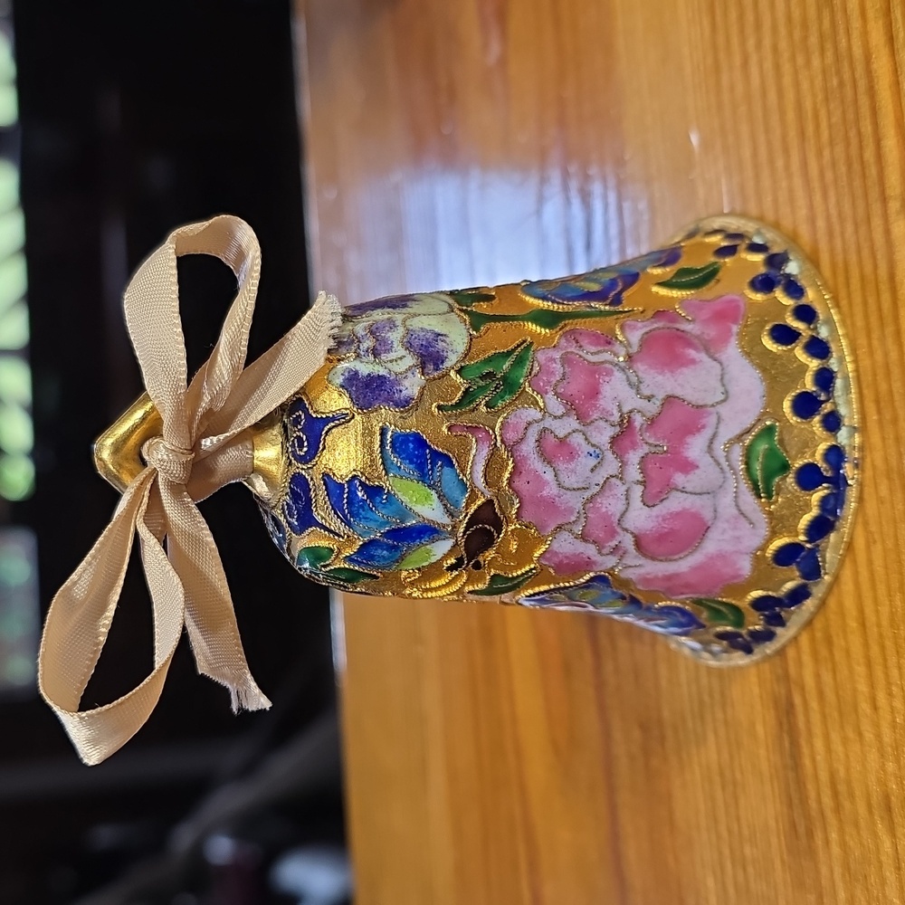 Floral Gold Hanging Bell Ornament With  Butterflies And Pink Flowers